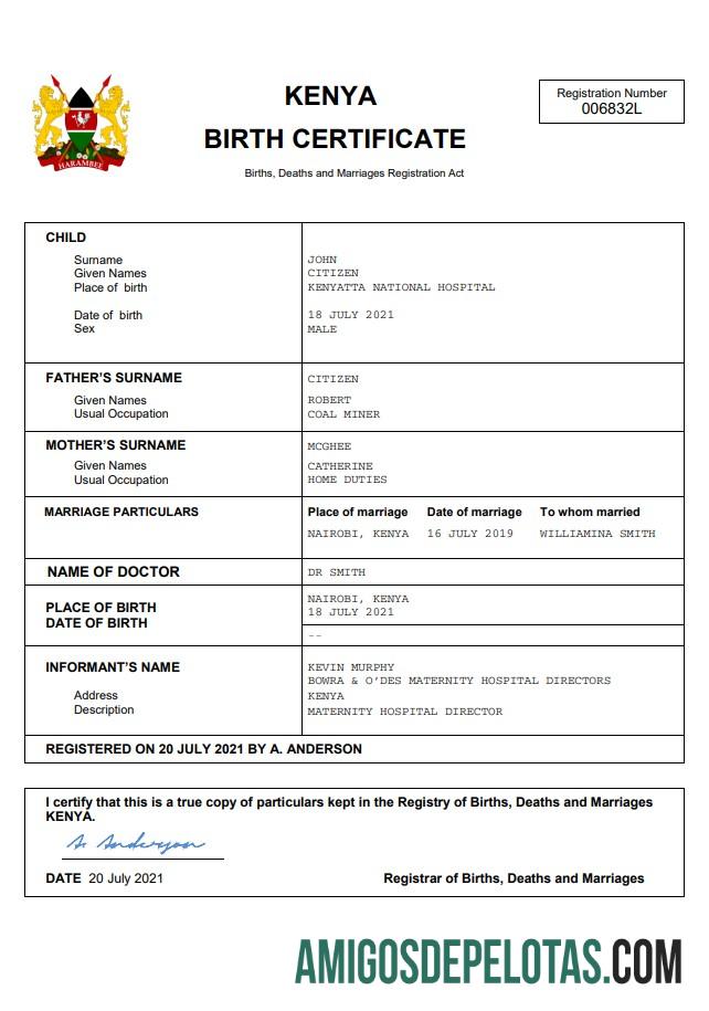 Realista modelo Word e PDF de certidão de nascimento de registro vital do Quênia